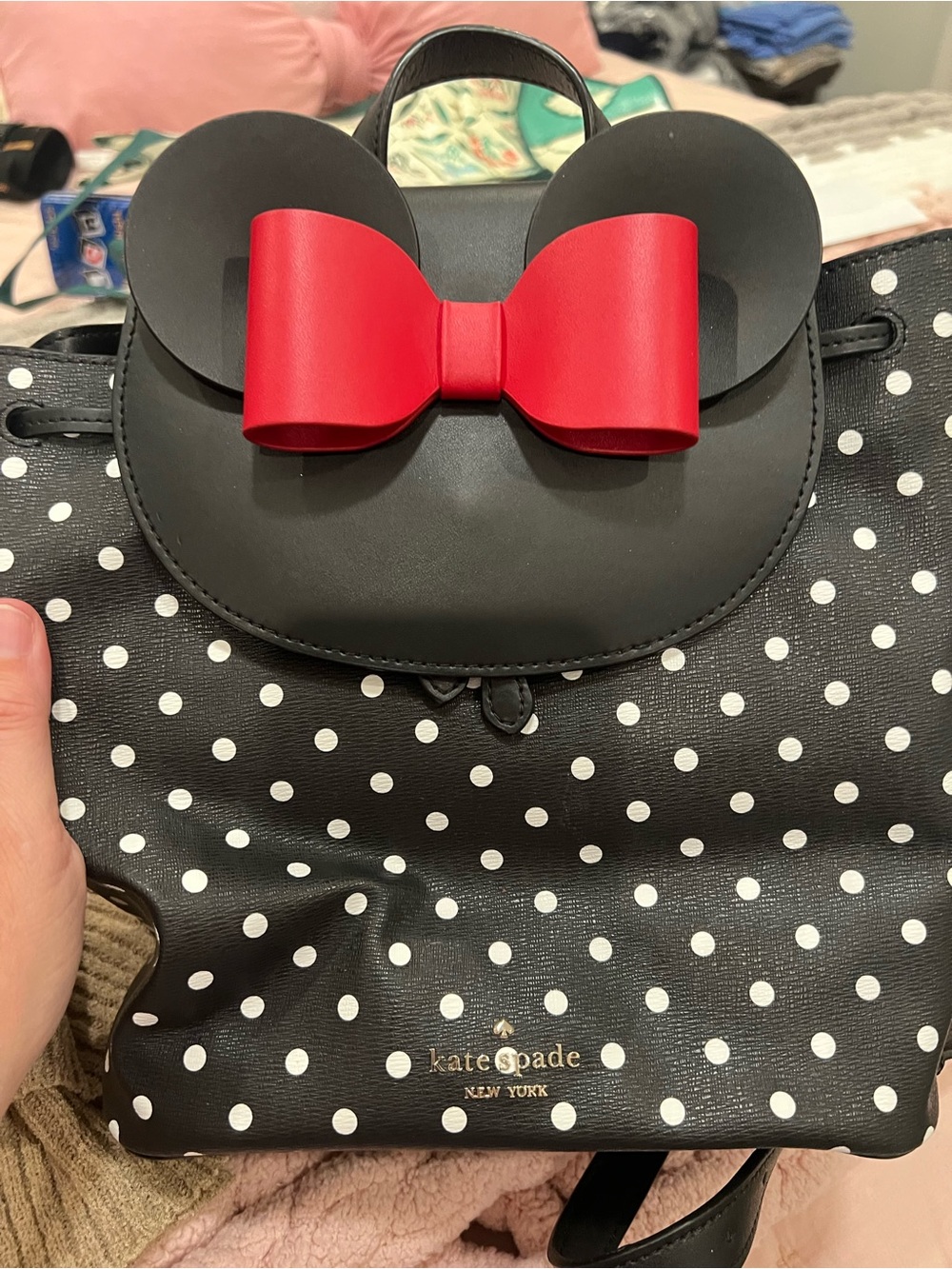 kate spade Kids Black and White Polka Dot Backpack with Red Bow